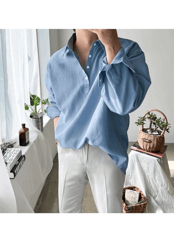 SUMMER HENRY-NECK OVERSIZED SHIRTS ( 2 COLORS )