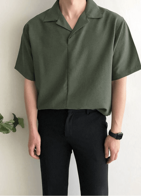 ONE BUTTON OPEN COLLAR SHIRT ( 2 COLORS )