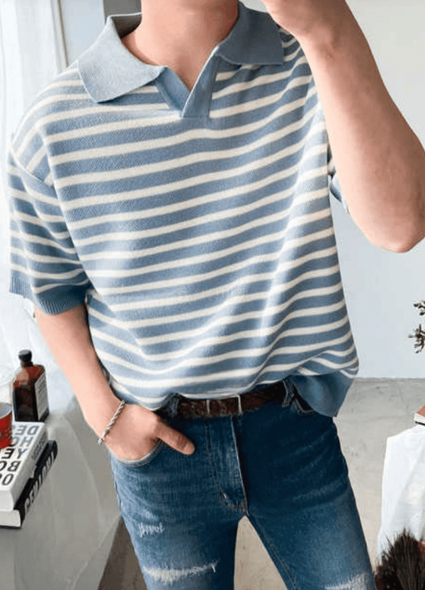 STRIPED OPEN COLLAR KNIT ( 3 COLORS )
