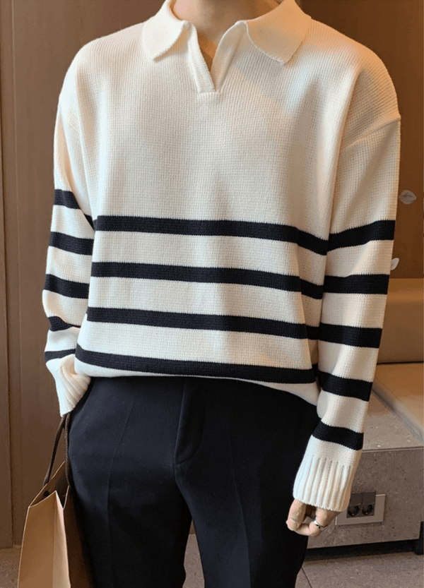 STRIPED PATTERNED POLO SWEATER ( 2 COLORS ) #O