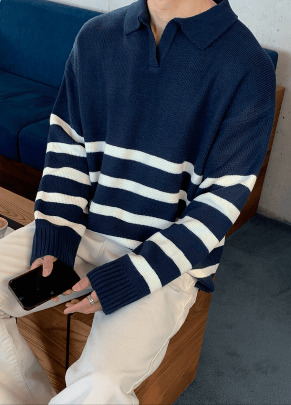 STRIPED PATTERNED POLO SWEATER ( 2 COLORS ) #O